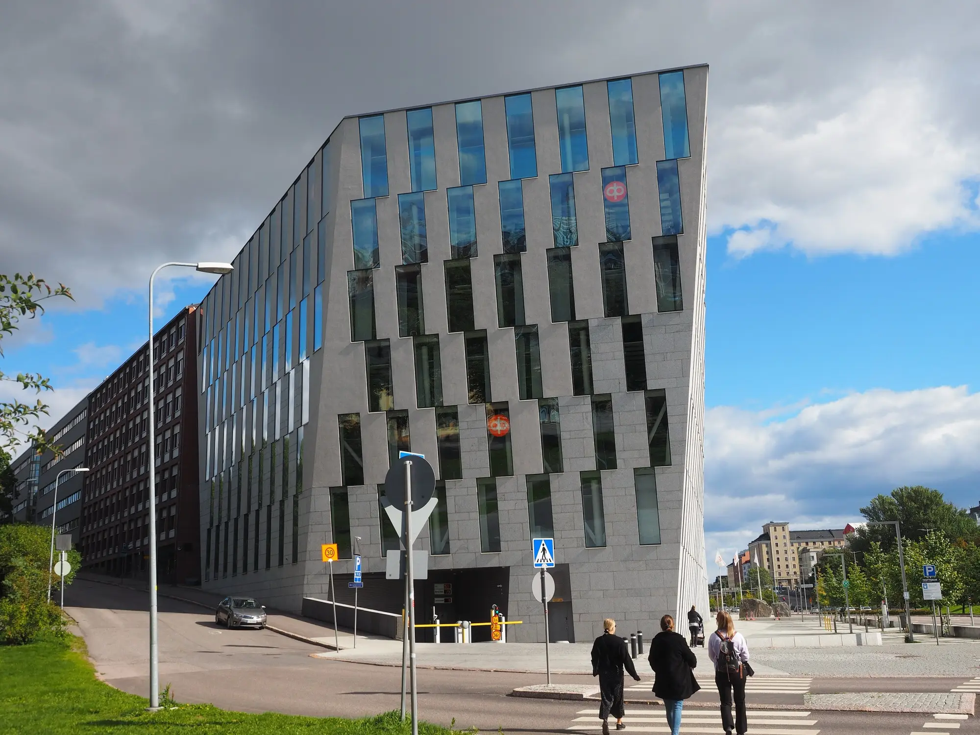 The glass-and-steel head office of the OP bank group on Teollisuuskatu in Vallila, Helsinki.