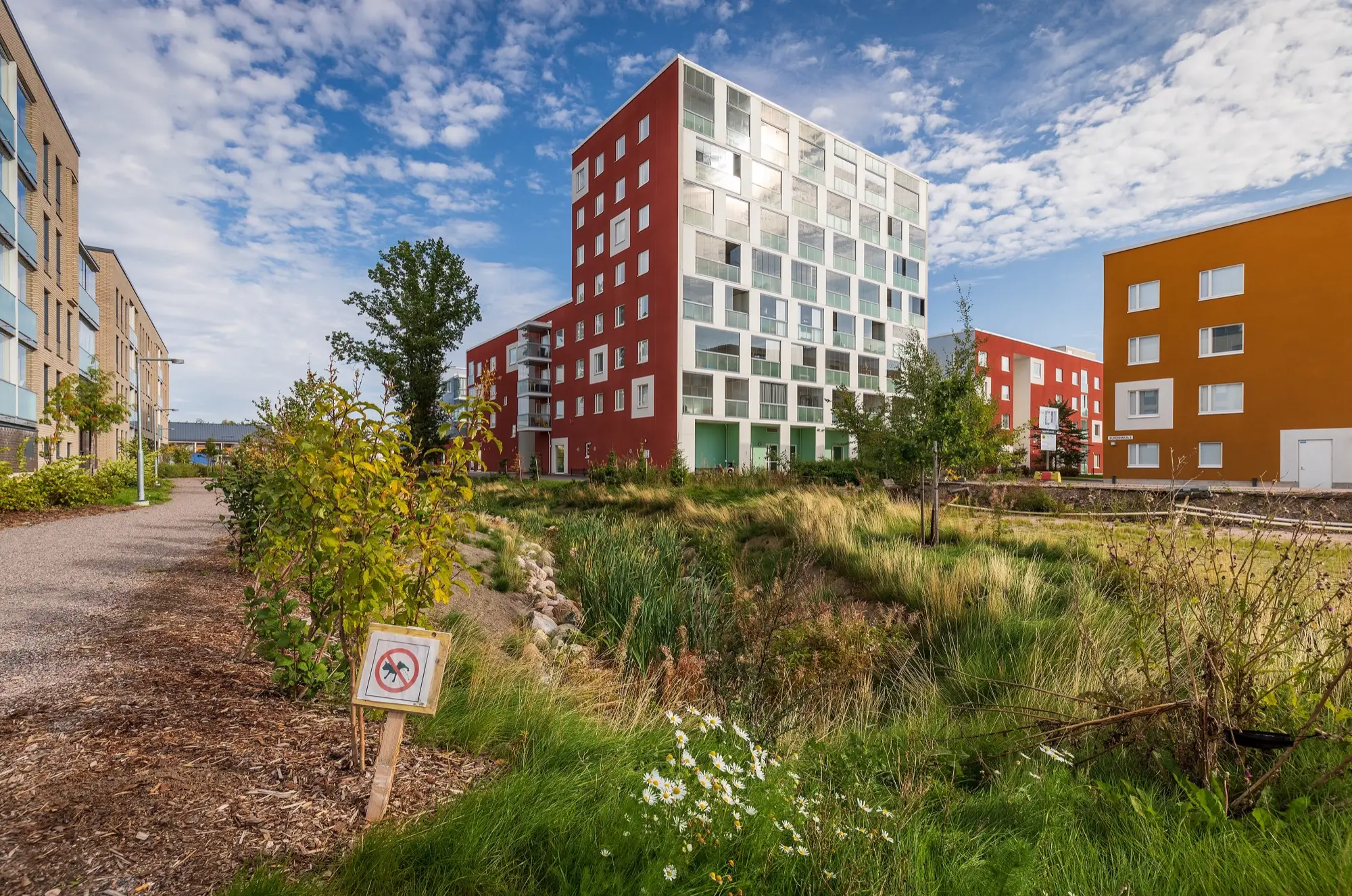 Colourful modern apartment blocks beside a footpath and meadow in a residential area of Koivuhaka, Vantaa.