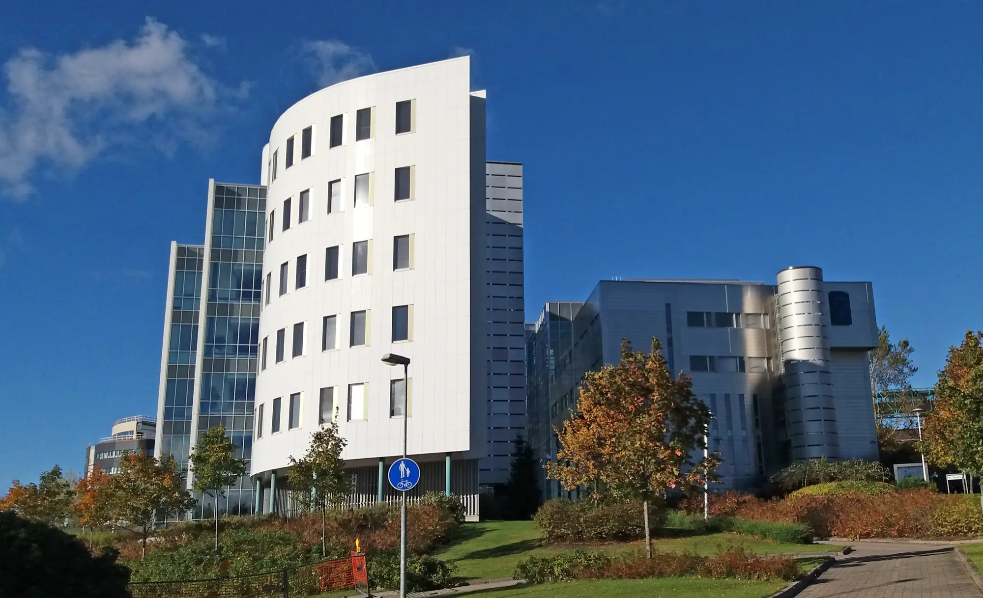 Modern white and glass buildings of Tampere University's city-centre campus under a blue sky, with autumn trees in front.