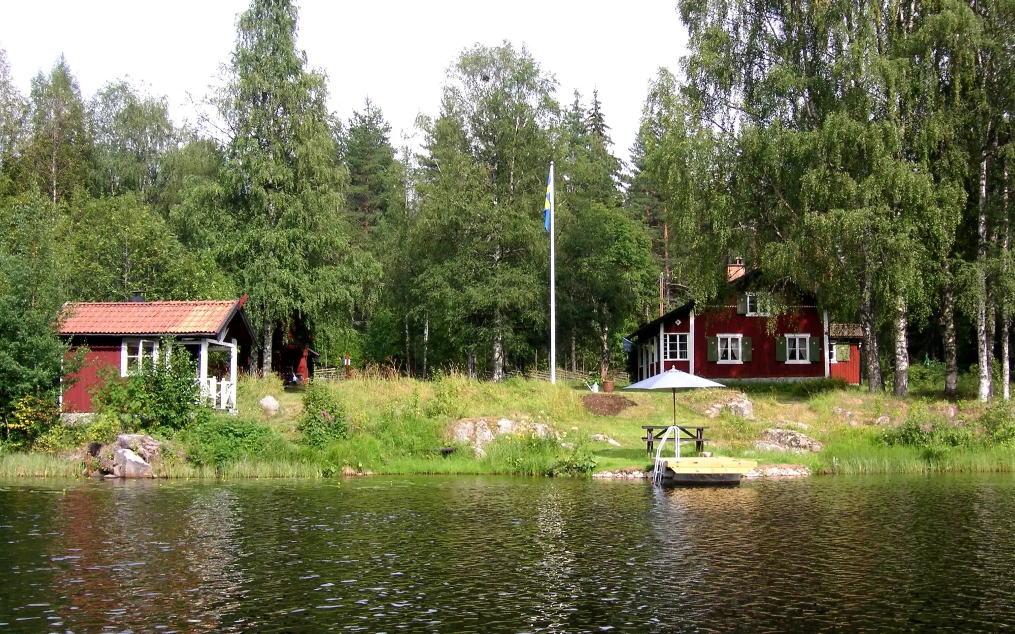 Red wooden cottages with white trim on the wooded shore of a calm lake in Dalarna, Sweden, under a summer sky.