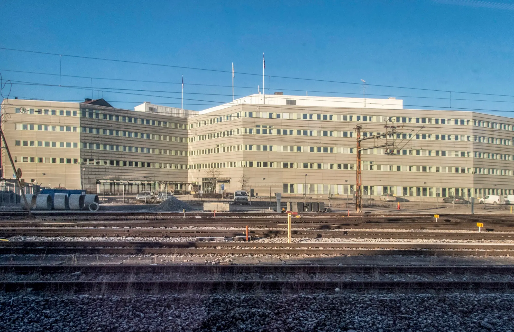 The Swedish Migration Agency's head office in Solna, seen across the railway tracks